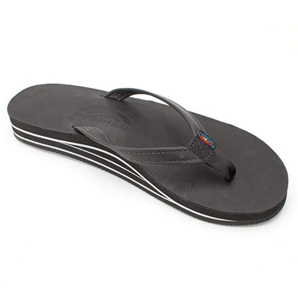 Rainbow Women's Sandal Narrow Strap Double Layers Black Classic Leather